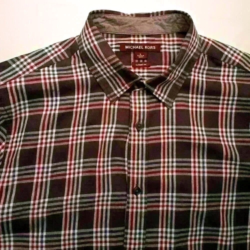 Michael Kors Mens Classic Fit Plaid Long Sleeve Button Down Shirt Size L Brown
